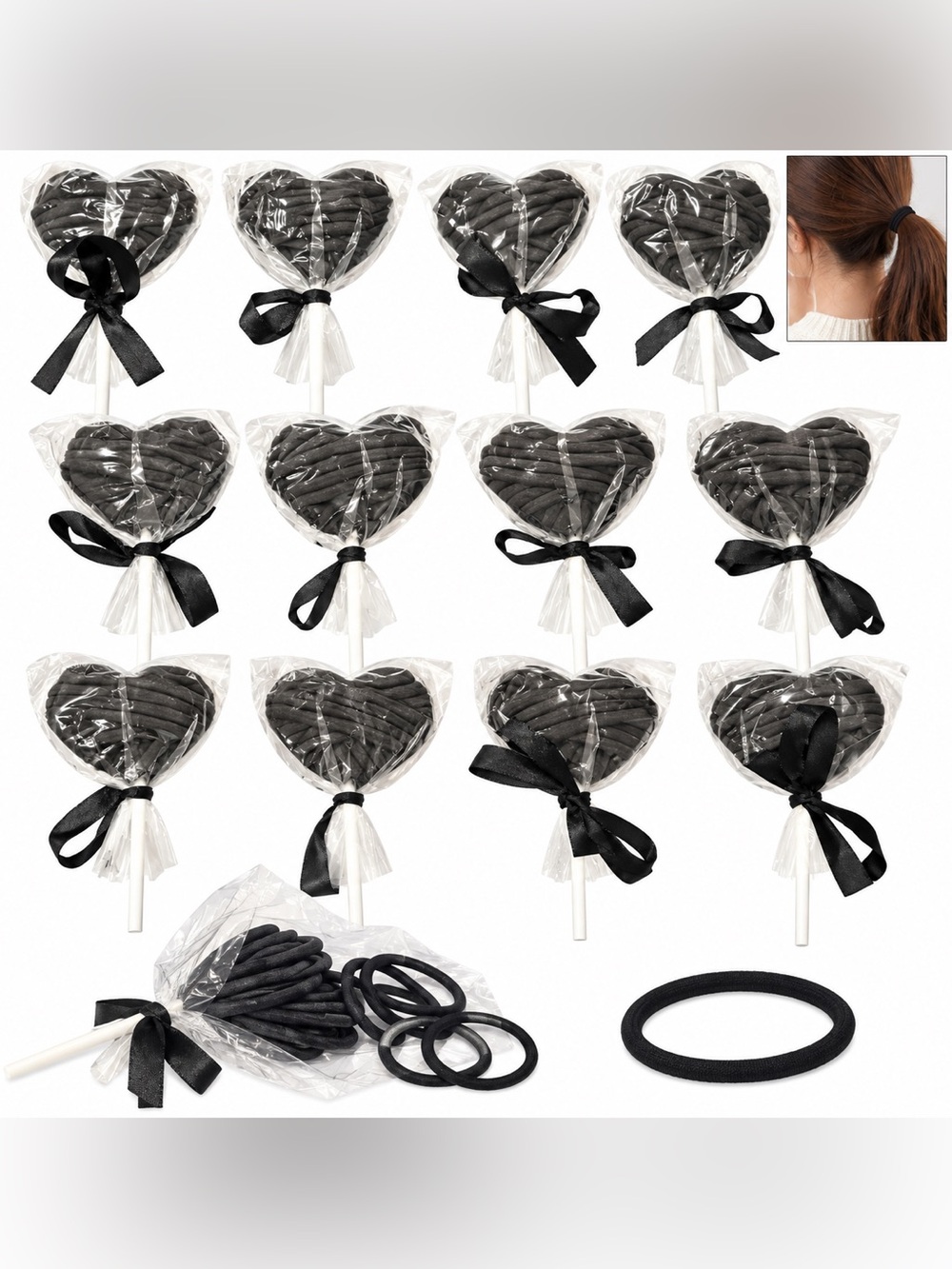 12 Black Heart Lollipop Hair Ties Elastics party favor stocking stuffers gift
